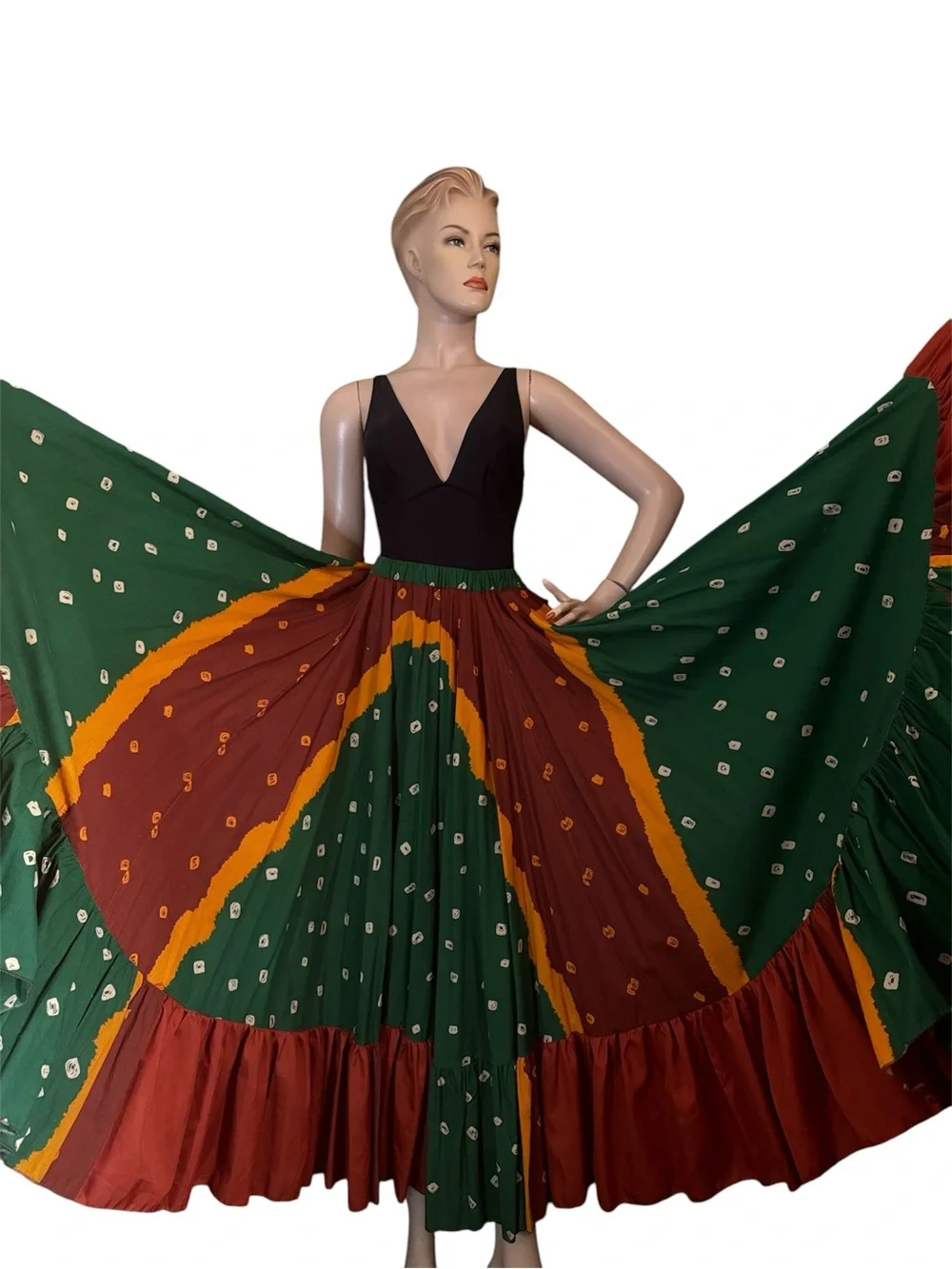 Ethnic Print Ruffle Bottom Maxi Flare Skirt